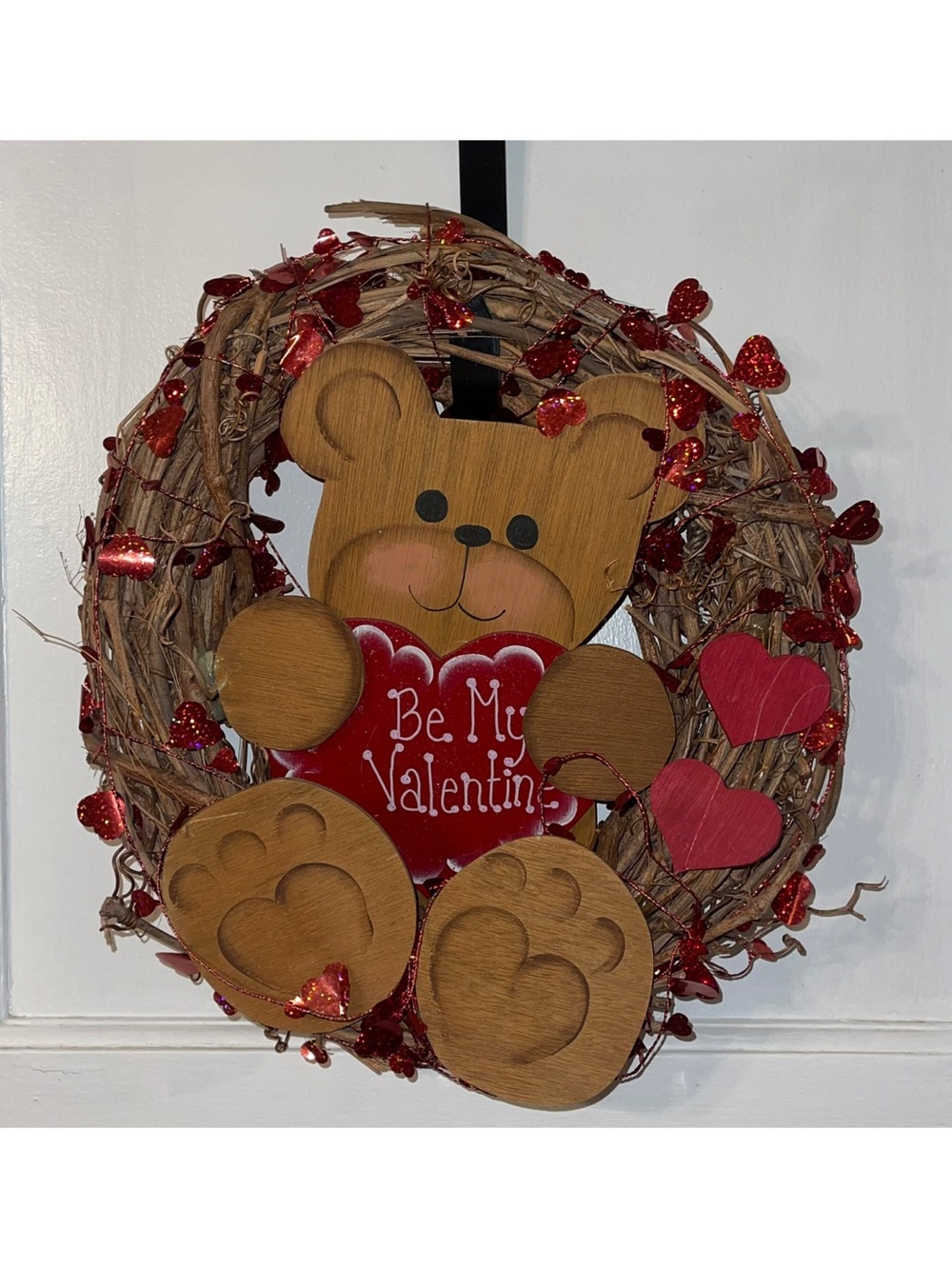 Valentine Bear 14 Inch Grapevine Wreath with Red Hearts